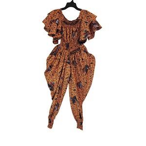 Boho Smocked‎ Jumpsuit Ruffle Sleeve Harem Pants Orange Batik Print One Piece